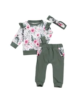 Есенен костюм QH за деца, в началото на с флорални принтом и кръгло деколте, ръкави с волани + Панталони с еластичен ластик на талията + лента за коса за момиченца