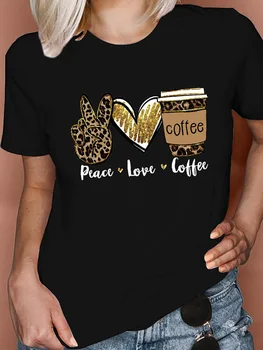 Модерна Дамска Тениска, Нови Върхове с Принтом Peace Love Coffee, Леопардовые Тениски с къс ръкав, Дамски Скъпа Риза в стил Харадзюку С графичен Дизайн, Върхове