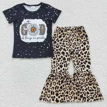 Продажба на едро на Детски Дрехи GSPO0478 Момиче GOD Little Daisy с къс ръкав и леопардовым принтом, костюм с панталони с дълъг ръкав